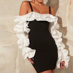 Black Preppy Ladies' Off-Shoulder Color Block Dress With Ruffle Hemline